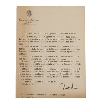 Lot 91A - An old facsimile WWII letter from Mussolini, photographs, and a further letter