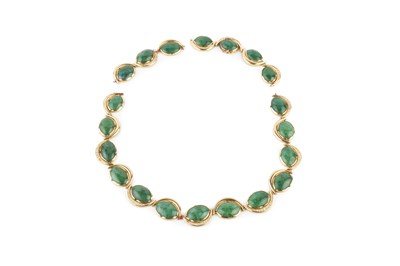 Lot 134 - An 18k gold, green stone and diamond necklace,...