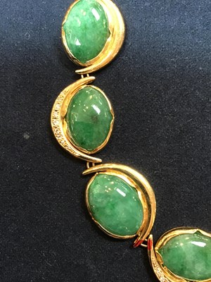 Lot 134 - An 18k gold, green stone and diamond necklace,...