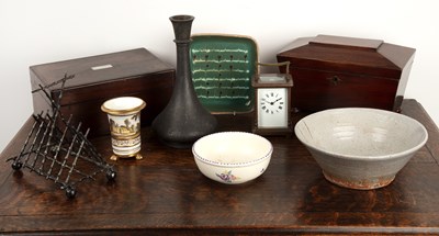 Lot 403 - Group of pieces including a mahogany tea caddy,...