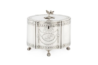 Lot A George III silver tea caddy, of shaped oval...