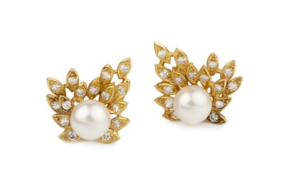 Lot 131 - A pair of diamond and cultured pearl ear clips,...