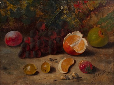 Lot 391 - G.J. Barnes Still life - fruit on an earthy...