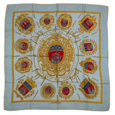 Lot 584 - A ‘Les Armes de Paris’ silk scarf by Hermès,...