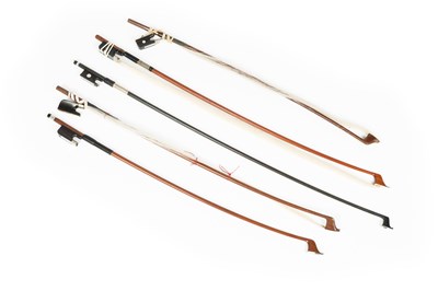 Lot 114 - Three various cello bows; and a violin bow...