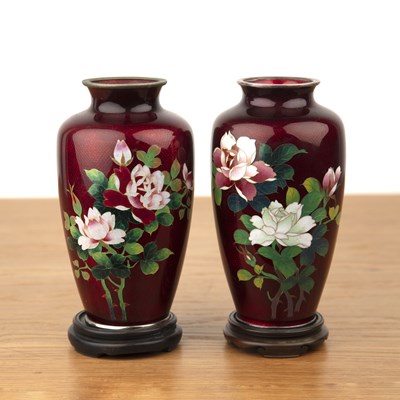 Lot 384 - Matched pair of ginbari red ground vases...