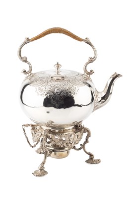 Lot A Victorian silver tea kettle on stand, of...