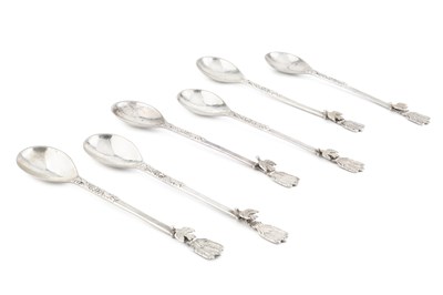 Lot 685 - A set of six white metal spoons, with fig...