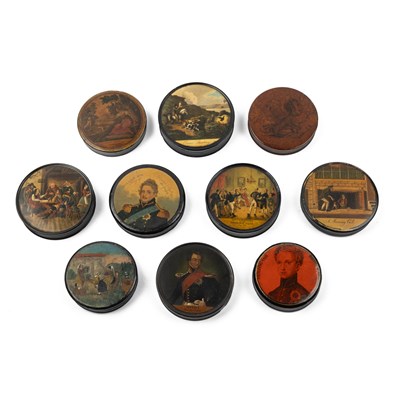 Lot 488 - A collection of nine papier-mâché snuff boxes