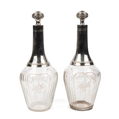 Lot 491 - A pair of French silver mounted mallet-shaped decanters