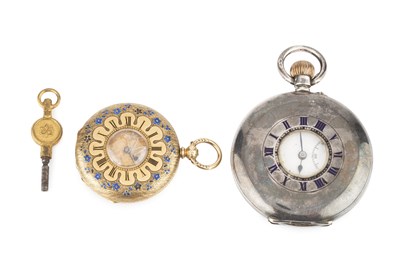 Lot 326 - An enamel half hunter fob watch, having...