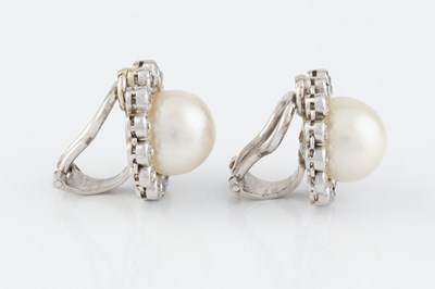 Lot 266 - A pair of diamond and cultured pearl cluster...