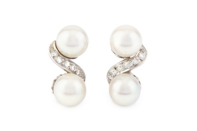 Lot 264 - A pair of cultured pearl and diamond earrings,...