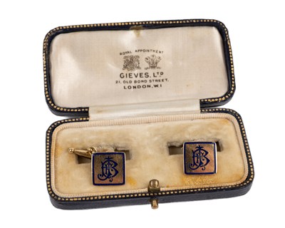 Lot 156 - A pair of 18ct gold cufflinks, with blue...