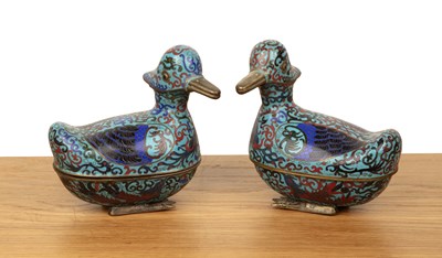 Lot 383 - Pair of cloisonne model duck tureens Chinese,...