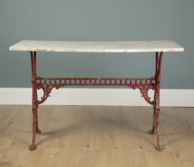 Lot 1368 - A mid-19th century English cast iron red-painted marble-topped garden table