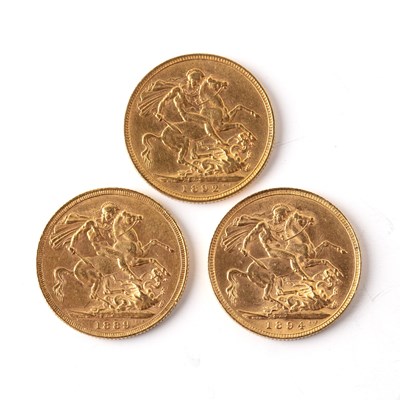 Lot 362 - Three Victorian sovereigns one dated 1889, one...