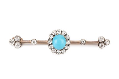 Lot 282 - A diamond and turquoise bar brooch, centred...