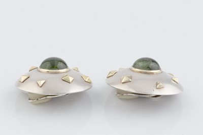 Lot 233 - A pair of 18ct gold, silver and gem set ear...