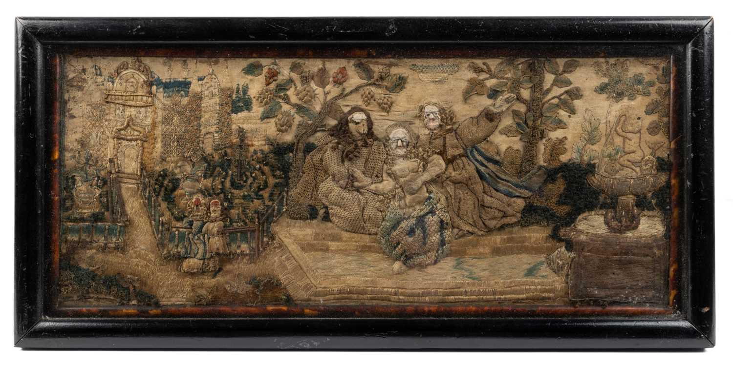 Lot 445 - A late 17th century English raised embroidery panel