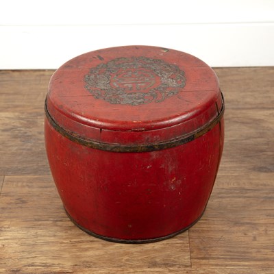 Lot 428 - Red lacquer barrel form marriage box Chinese...