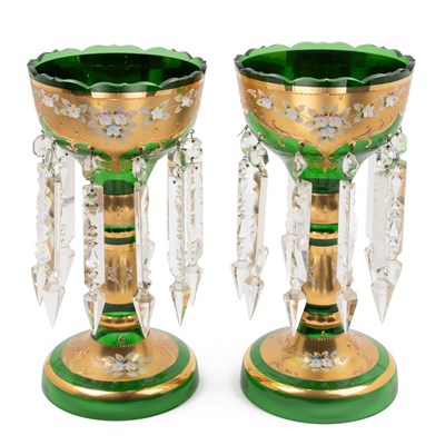 Lot 210 - A pair of bohemian green glass lustres