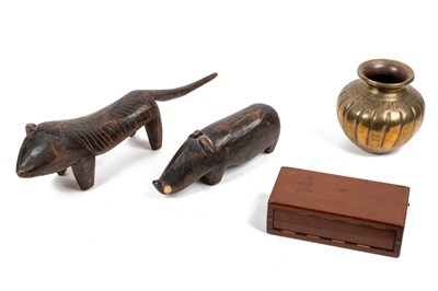 Lot 519 - A pair of Peruvian wooden animals, an Indian brass spittoon and a cased travel chess set