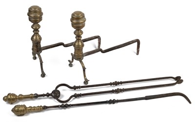 Lot 364 - A pair of antique fire dogs and two fire irons