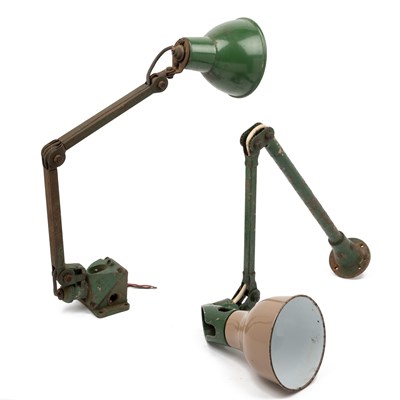 Lot 1156 - Two Mek Elek industrial machinist lamps of two-arm construction together with two industrial wall lights