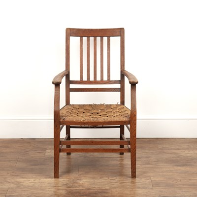 Lot 54 - Aesthetic movement oak, armchair, with bar...