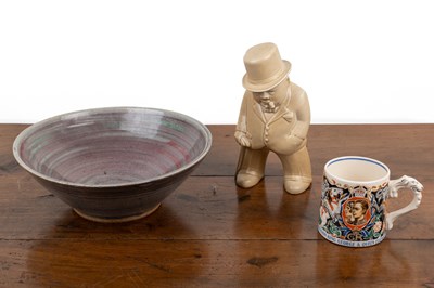 Lot 490 - A Laura Knight Coronation mug; a Bovey Pottery Churchill; and a studio pottery bowl