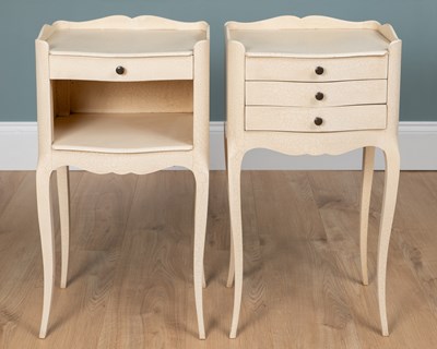 Lot 129 - An opposed pair of mid-century Rococo style bedside tables with original craquelure paintwork