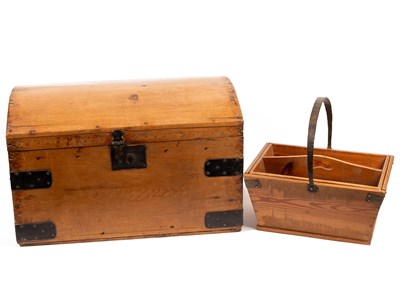 Lot 580 - An antique pine dome-topped trunk together with a housekeeper's box