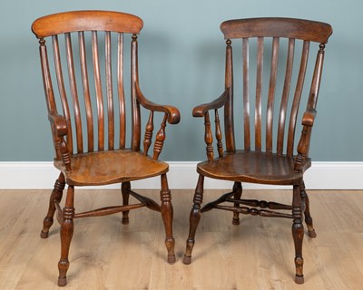 Lot 593 - Two similar lath-back Windsor armchairs