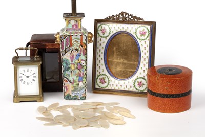 Lot 150 - A table lamp; a picture frame; a carriage timepiece; and a collection of gaming tokens