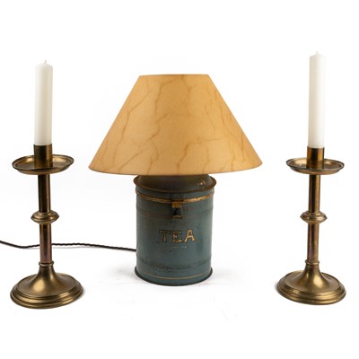 Lot 598 - A pair of brass candlesticks together with a table lamp converted from a tea can