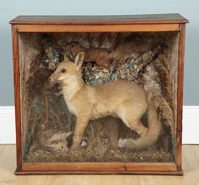 Lot 565 - A Victorian mounted and preserved taxidermic scene of a fox with a rabbit and a red squirrel