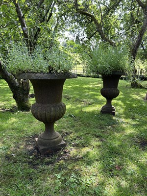 Lot 1405 - A pair of old cast iron urns