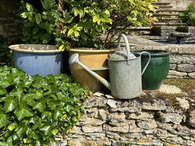 Lot 1429 - Three glazed stoneware garden planters and a watering can