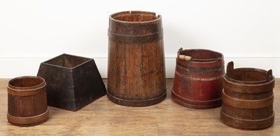 Lot 114 - Group of five bushel measures and barrels...