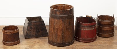 Lot 114 - Group of five bushel measures and barrels...