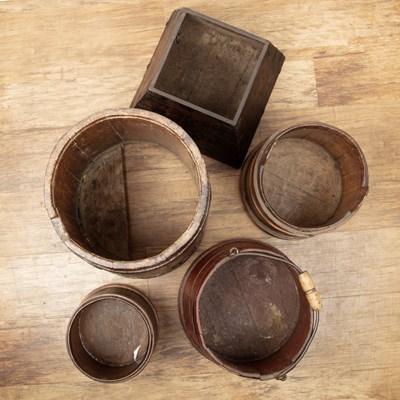 Lot 114 - Group of five bushel measures and barrels...