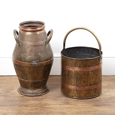 Lot 306 - Copper churn 49cm high and a brass and copper...