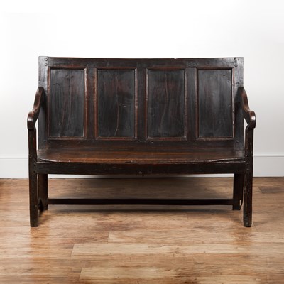 Lot 9 - Oak settle 18th Century, with panel back, on...