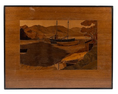 Lot 1090 - A marquetry panel of a Scottish landscape