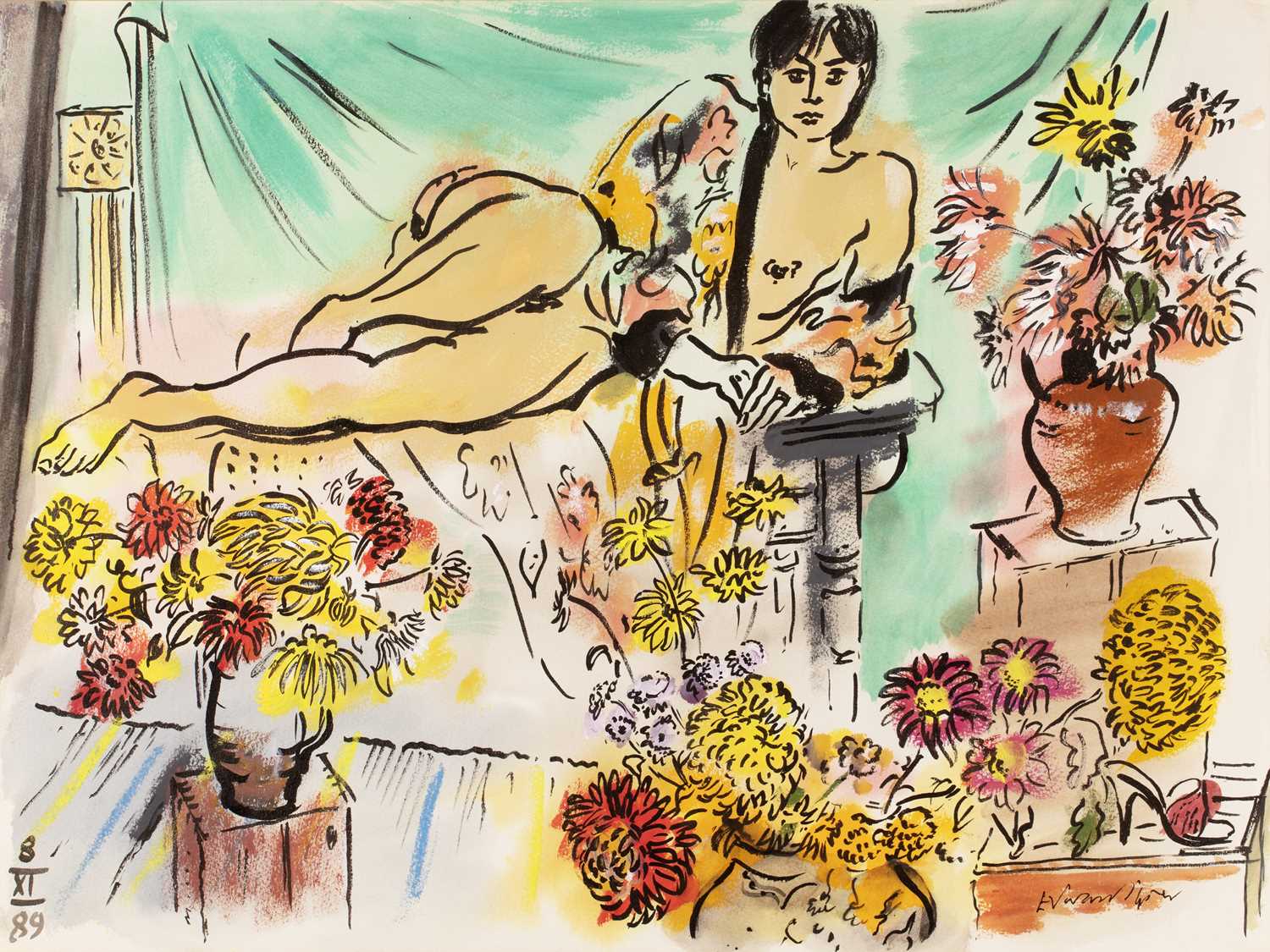Lot 34 - Edward Piper (1938-1990) Nude with Flowers,...