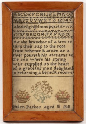 Lot 220 - Antique needlework sampler worked in silk...