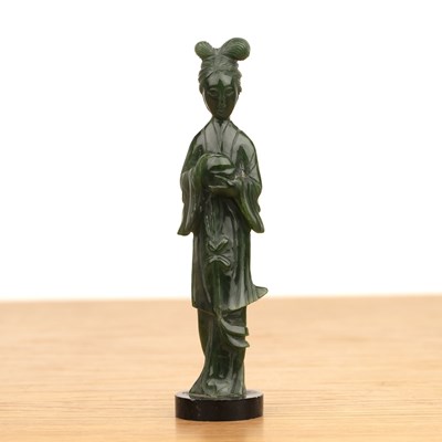 Lot 298 - Green jadeite model of Guanyin Chinese on a...