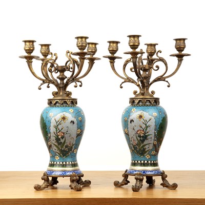 Lot 304 - Pair of cloisonné and ormolu candelabras...