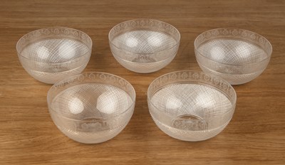 Lot 353 - Set of five Whitefriars engraved bowls with...